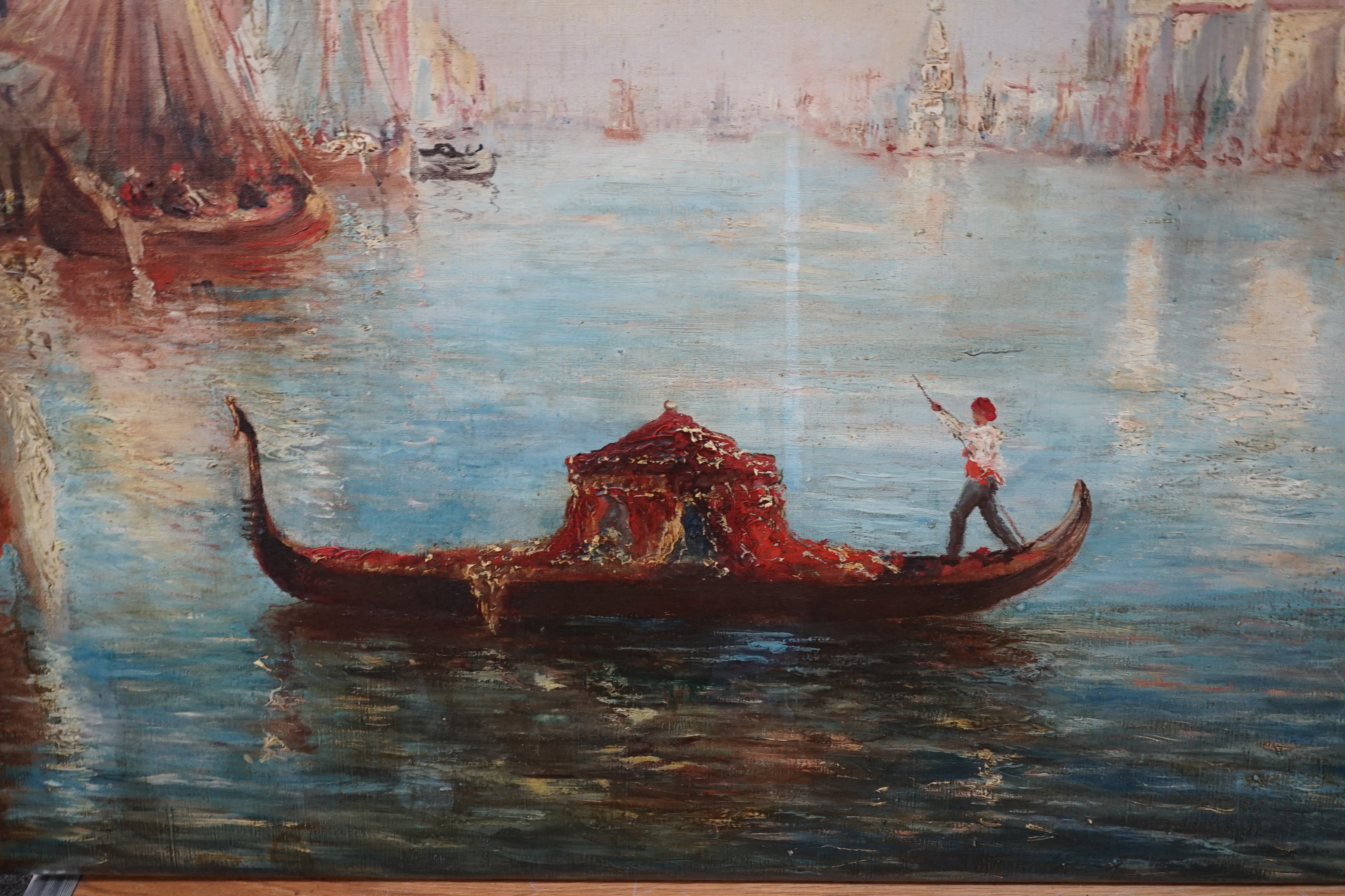 T. Jarazynski (19th.C), oil on canvas, Venetian scene, signed, unframed, 66 x 112cm. Condition - poor to fair, surface dirt and scuffs